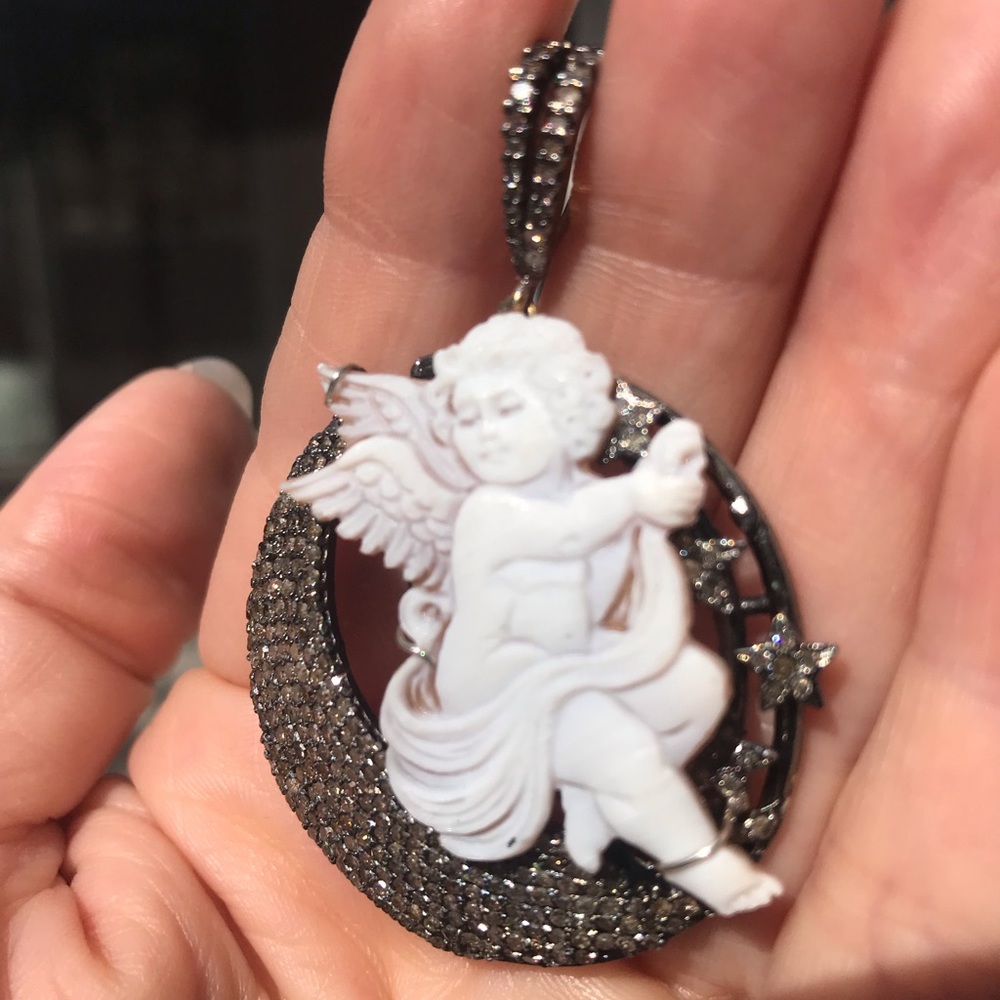 Diamond moon & star ANGEL Cherub cameo pendant